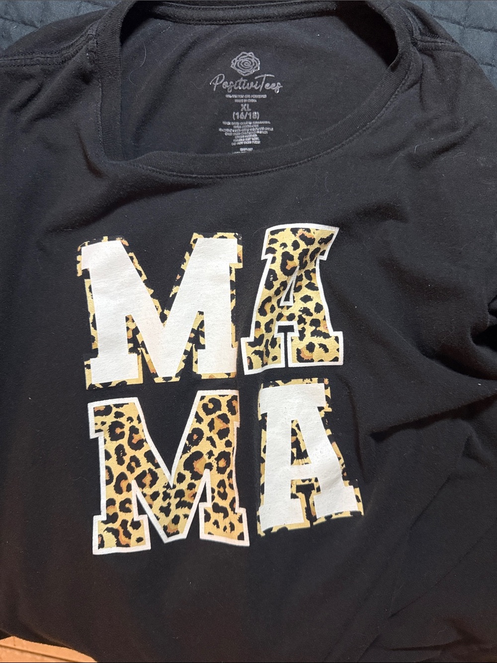 Positive Tees Women's Black 'MAMA' Short Sleeve Tee with Leopard Print